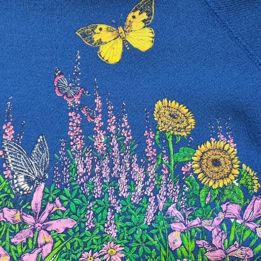 Vintage 80s 90s Floral & Butterflies Cotton Sweatshirt - Sun Sportwear - Large - Picture 6 of 11
